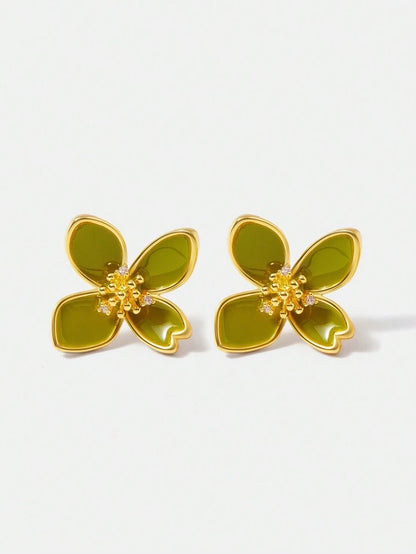 Green Ceramic Flower Earrings